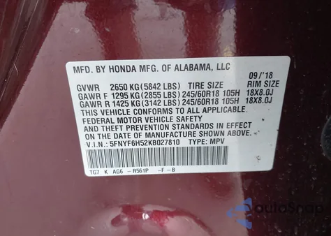 2019 Honda Pilot Ex-L z USA, uszkodzony, nr VIN 5FNYF6H52KB027810